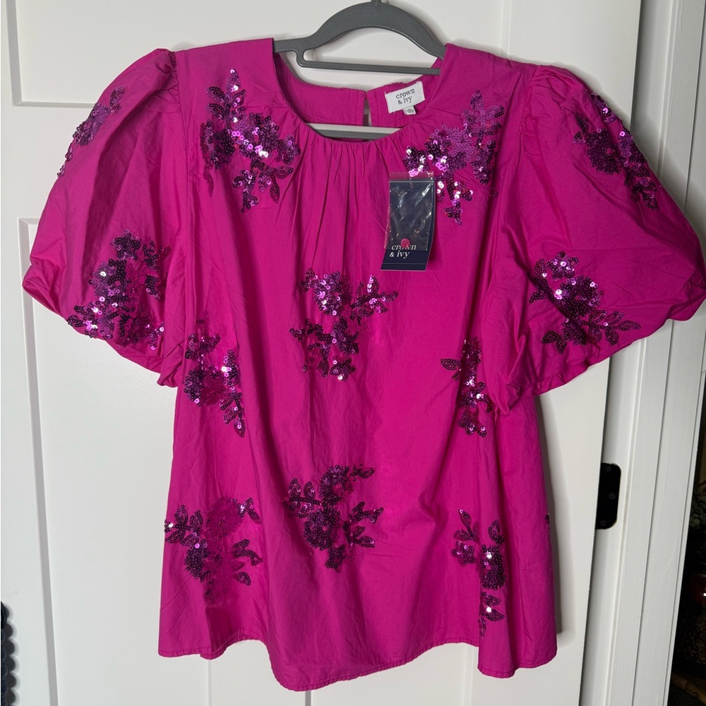 Crown and Ivy Pink Sequin Blouse with Short Puff Sleeves
